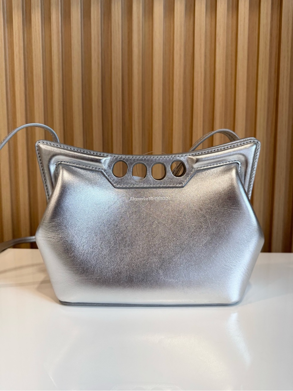 Alexander McQueen The Peak Mini metallic leather shoulder bag in Silver